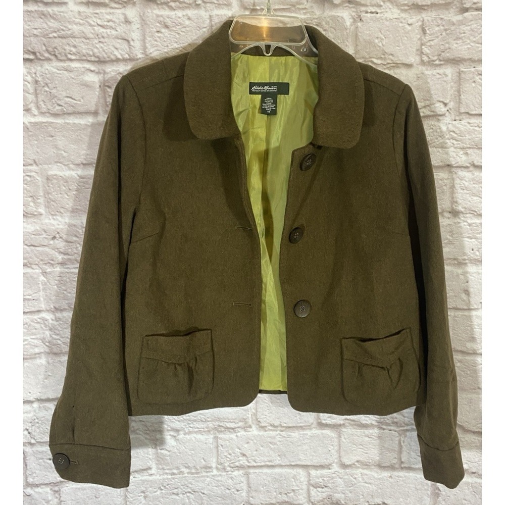 Eddie Bauer Womens 12 Tall Wool Blend Blazer Jacket Earthy Green Brown Buttons - Picture 2 of 16
